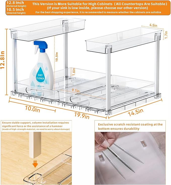 Yieach 2 Pack Under Sink Organizer,14.5″ Deep Sliding Inder Sink Organizer for Kitchen and Bathroom Under the Sink Organizer,2 Tier Undersink Organizers for Vanity,Under Counter Storage Organization