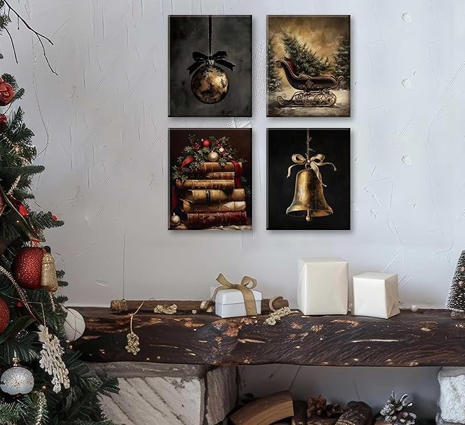 Paint by Number Kit for Adults & Kids, 4 Pack Vintage Christmas Scenes (Ornament, Book Stack, Sleigh, Bell) 12x16 Inch Unframed, DIY Acrylic Painting Kit with Brushes & Paints, Festive Home Art Decor