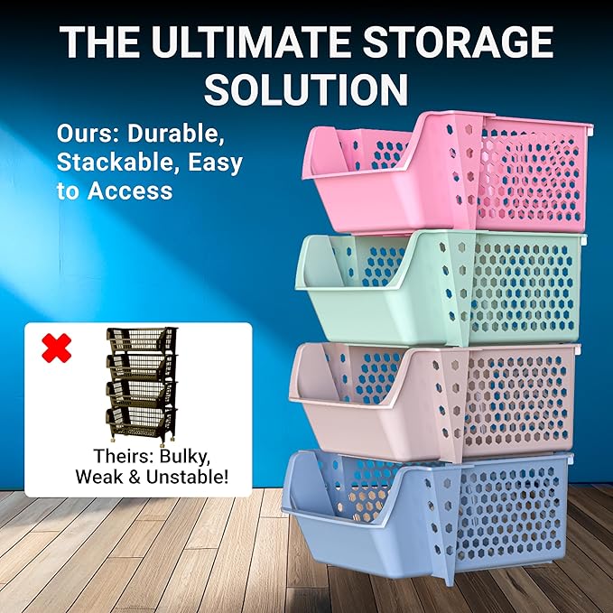 Skywin TidyFriend Stackable Storage Bins for Pantry, 4 Pack Stackable Bins For Organizing Food, Kitchen, and Bathroom Essentials (Multi)