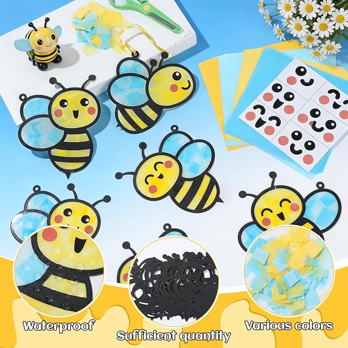 Qyeahkj 36 Set Spring Bee Suncatchers Crafts for Kids DIY Insect Bug Window Tissue Paper Craft Kit Hanging Decor for Classroom Home Activity Art Project Birthday Party Favor