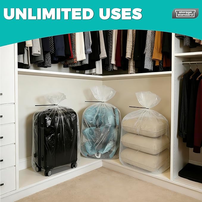 Storage Standard Large Clear Plastic Bags for Storage 6-Pack - Waterproof Extra Large Plastic Bags with Zip Ties, Heavy-Duty Cover for Pillows, Comforters, Chair Cushions & Textiles - 36 x 50 Inches