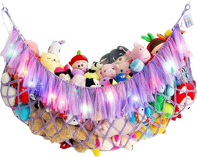 Large Stuffed Animal Net or Hammock with Led and Mesh Ribbon Wall Hanging Toy Net for Stuffed Animals Creative Stuff Animal Storage Ideas Macrame Toy Hammock Stuffed Animal Hammock-Purple