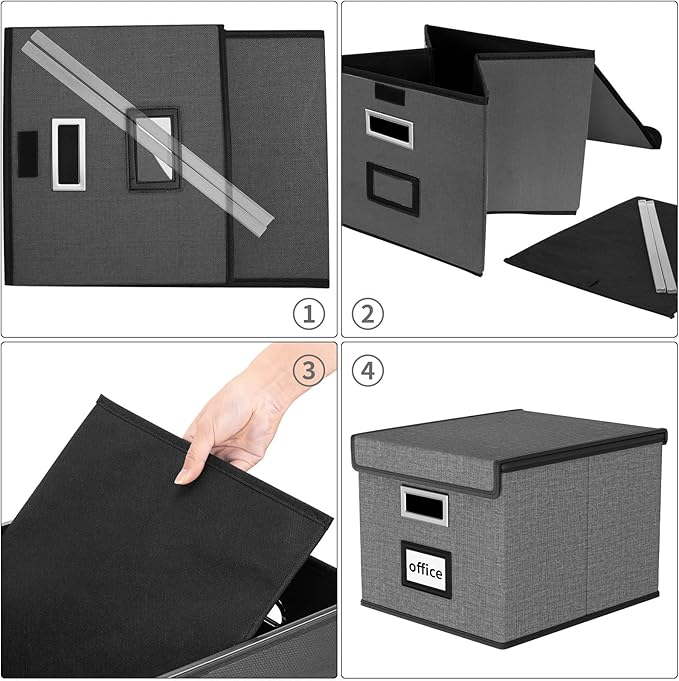 Huolewa File Organizer Boxes with Lids, Linen Office Document Storage Boxes, Filing Boxes, Decorative Small File Boxes for Hanging Files with Plastic Slide for Office/Cabinet/Decor/Home