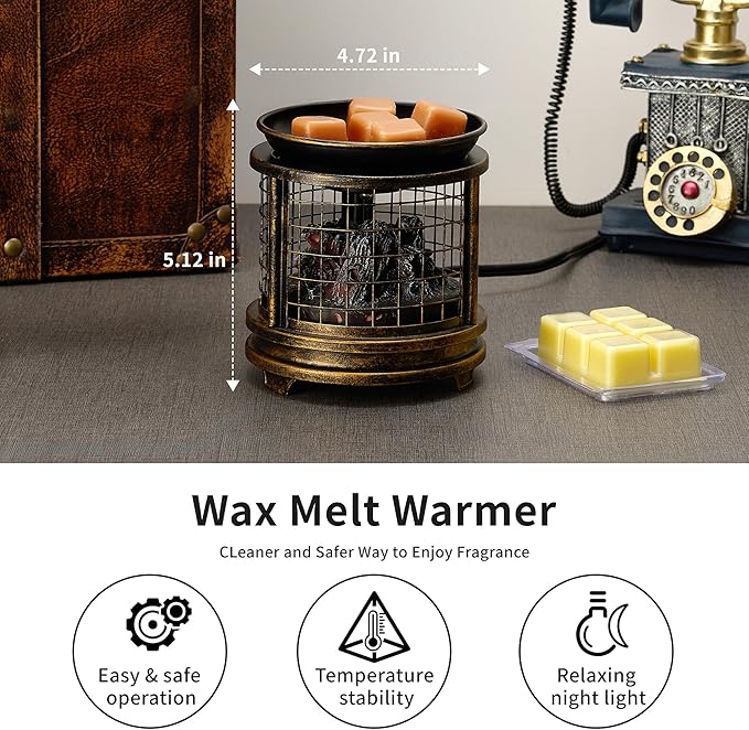MOAFINA Bronze Grid Campfire Wax Melt Warmer with Timer, 3D LED Fire Effect 4-in-1 Electric Wax Warmer for Scented Wax, Home/Bedroom/Office Gifts & Decor