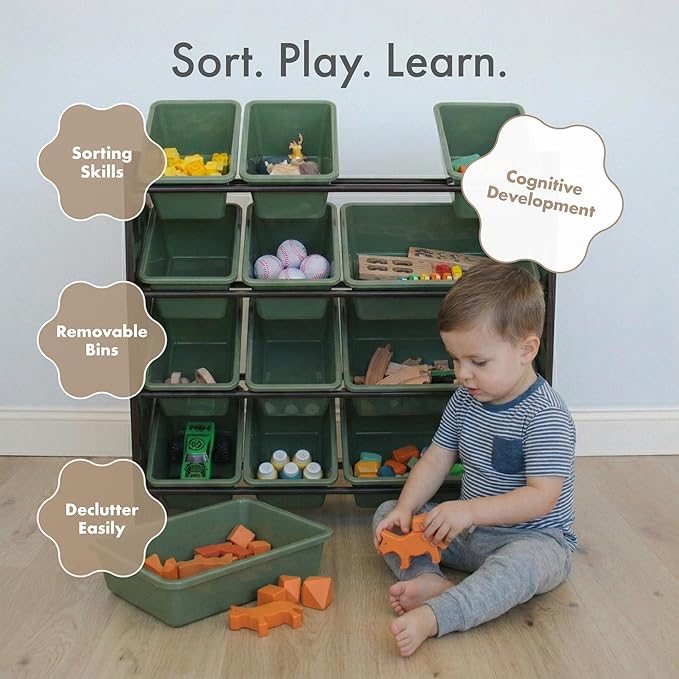 Humble Crew Kids Toy Storage Organizer with 12 Plastic Bins, Camo – Removable Bins for Playroom, Bedroom, Toddler Furniture for Boys and Girls Ages