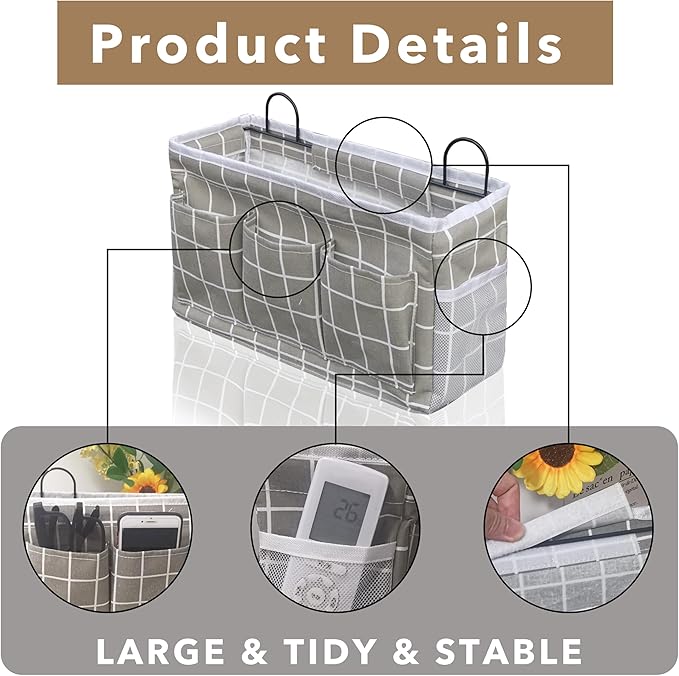 2pcs 3-pockets Large Wall Hanging Organizer Bag, Linen Fabric Door Hanging Storage Baskets with Pockets, Waterproof Bin for Kitchen, Bedroom, Office, RV Camper (GreyGrid-2pcs)