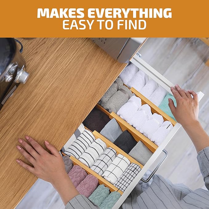 Bambüsi 4-Pack Bamboo Drawer Dividers - 2.6" High, 12.5"-17" Adjustable Drawer Organizers for Clothes, Expandable Dresser Separators in Bedroom/Bathroom/Kitchen/Office Organization and Storage