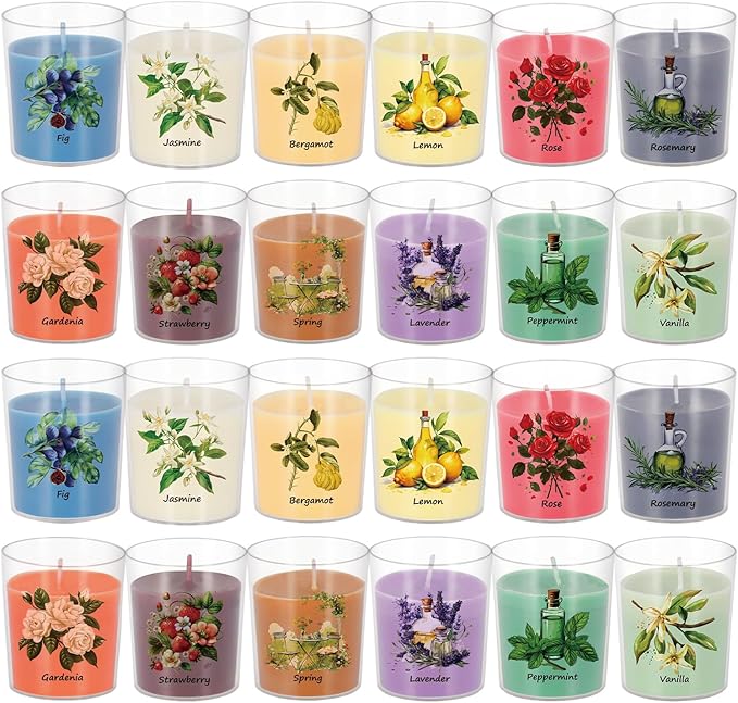 Aromatherapy Candles Set - 24 Pack Scented Candles with 12 Natural Fragrances, Votive Candles in Clear Plastic Jars for Home Decor, Stress Relief, Sleep, Ideal Gift for Women,Mother's Day, Birthday.