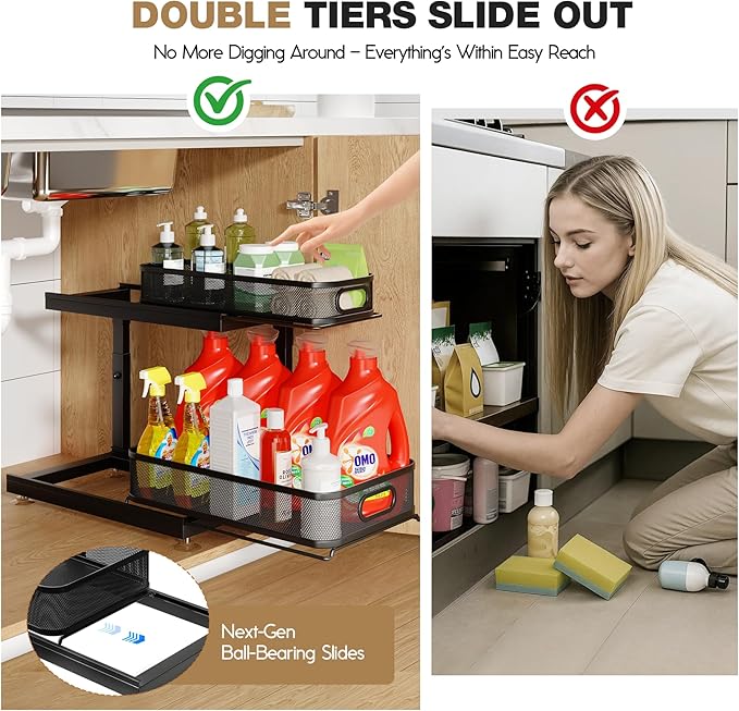 2-Pack Under Sink Storage Organizer with 2-Tier Slide Out Drawer, Sophisticated Mesh Pull Out Shelf for Kitchen & Bathroom, Fits Small Items, Upgraded Arched Track for Smooth Gliding(Patented)