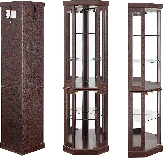 69" H Lighted Curio Cabinet Corner Display Case,Corner Glass Cabinet with Tempered Glass Door and Adjustable Shelves,Wooden Curio case with Mirrored Back Pane (Style 2 - Dark Cherry)
