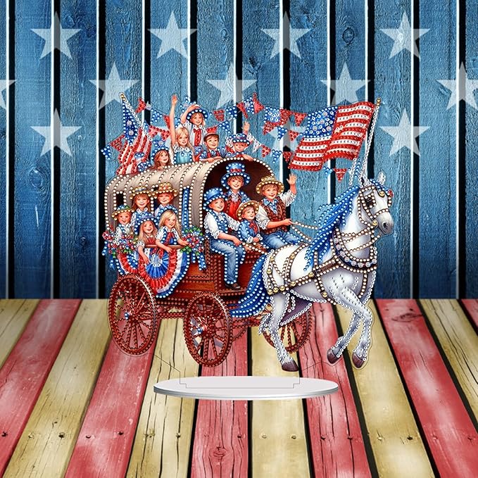 ARTopet DIY Diamond Desktop Ornament US Independence Day Special Shaped Crystal Double Sided Pattern Single Sided Diamond Art Painting Tabletop Home Ornaments Decor-Horse Carriage
