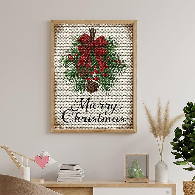 AIVKIEJK Diamond Painting Kits for Adults - Merry Christmas Holly, Pine Cones & Red Plaid Bow Painting DIY 5D Full Drill Diamond Dots Paintings with Diamonds Gem Art and Crafts Home Decor 12"x16"