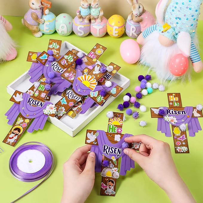 Funrous 48 Sets Easter Religious Crafts Bulk He is Risen Cross Paper Crafts DIY Easter Jesus Christian Hanging Ornaments Arts with Stickers Pompoms for Sunday School Vbs Classroom Spring Activities