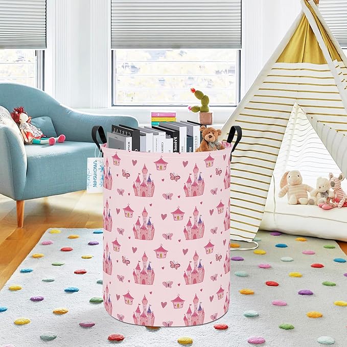 LANGYASHAN Girl Laundry Basket Canvas Fabric Collapsible Organizer Basket for Storage Bin Toy Bins Gift Baskets Bedroom Clothes Children Nursery Hamper (Pink Castle)