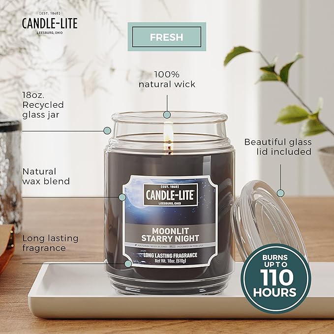 Candle-lite Scented Candles, Moonlight Starry Night, 18 oz Jar, Proudly Poured in The USA, Aromatherapy Candle, Single-Wick with 110 Hours of Burn Time, Perfect for Creating a Refreshing Ambiance