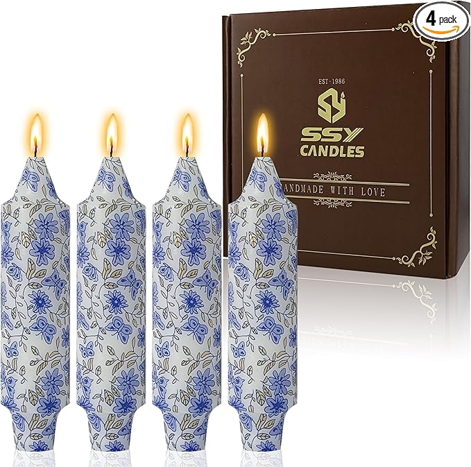 5 inch Short Candle Floral Candle Sticks Printed Candlestick Handmade Unscented Taper Candle 4 pcs Blue Flower Tapered Candles for Home Dinner Wedding Holiday