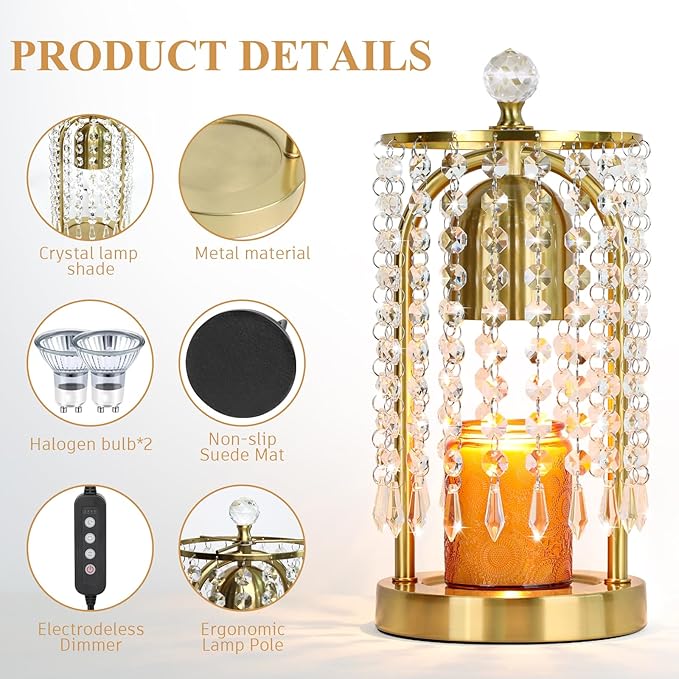Gold Candle Warmer Lamp with Timer and Dimmer - Electric Candle Warmer,Crystal Candle Lamp for Bedroom Decor,Flameless Scented Candle Light Warmer,House Warming Gift New Home for Women
