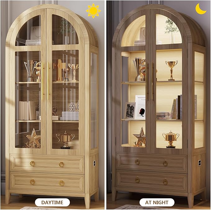 LVSOMT 71" Tall Arched Storage Cabinet with Glass Doors and Drawers, Curio Display Cabinet with Adjustable LED Light & Human Sensor, 4-Tier China Cabinet for Living Room(Wood)