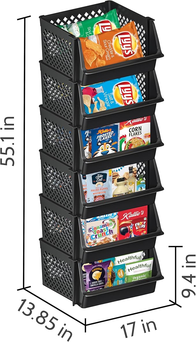 TidyFriend Plastic Stackable Bins for Pantry, 6 Pack Large Stacking Bins Open Front Kitchen, and Bathroom Organization, Open Front Design (Black)