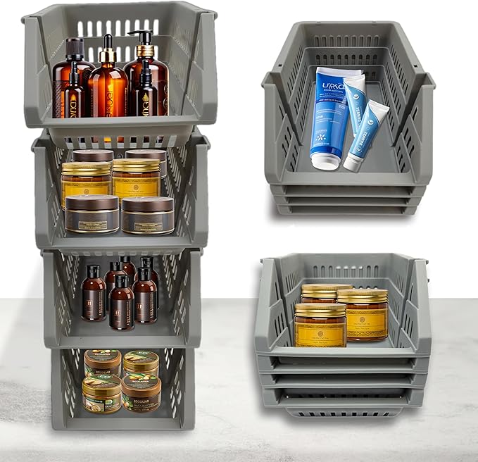 TidyFriend Small Plastic Stackable Storage Bins for Pantry,4 Pack Open Front Storage Bins,Toy Organizers, Kitchen, Bathroom Essentials (Dark Grey)