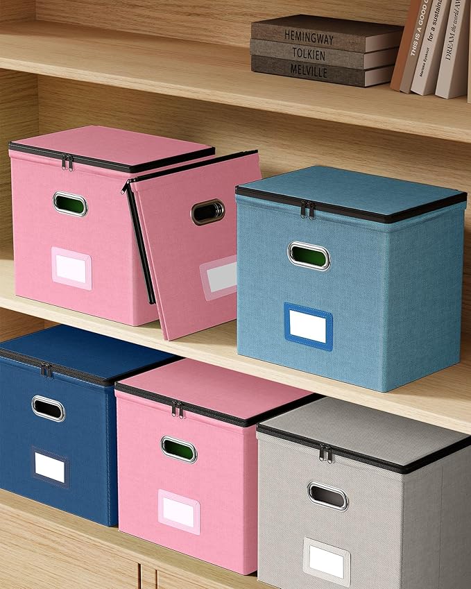Oterri 1 Pack File Organizer Boxes with Lids, File Box with Mesh Pockets, Document Organizer Box for Letter Size Folders, Zippers Important Document Organizer (Denim, Without Folders)