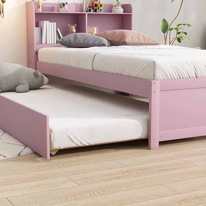 Harper & Bright Designs Twin Size Platform Bed with Bookcase Headboard and Trundle, Wooden Twin Platform Bed Frame with Bookself for Kids Girls Boys, Pink