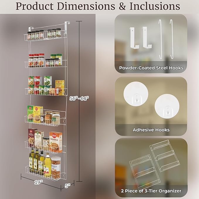 Over the Door Organizer - 6-Tier Adjustable Pantry Shelves and Rack for Kitchen Organization - Organization and Storage by Lavish Home (White)