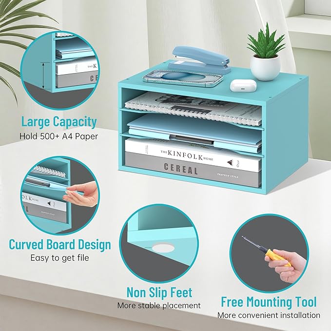 Wood Desk Organizer, 3 Tier Paper Tray Organizer for Desk with Adjustable Storage Shelves, Desktop File Organization Paper Sorter Mail Holder for Office Home Classroom, Blue