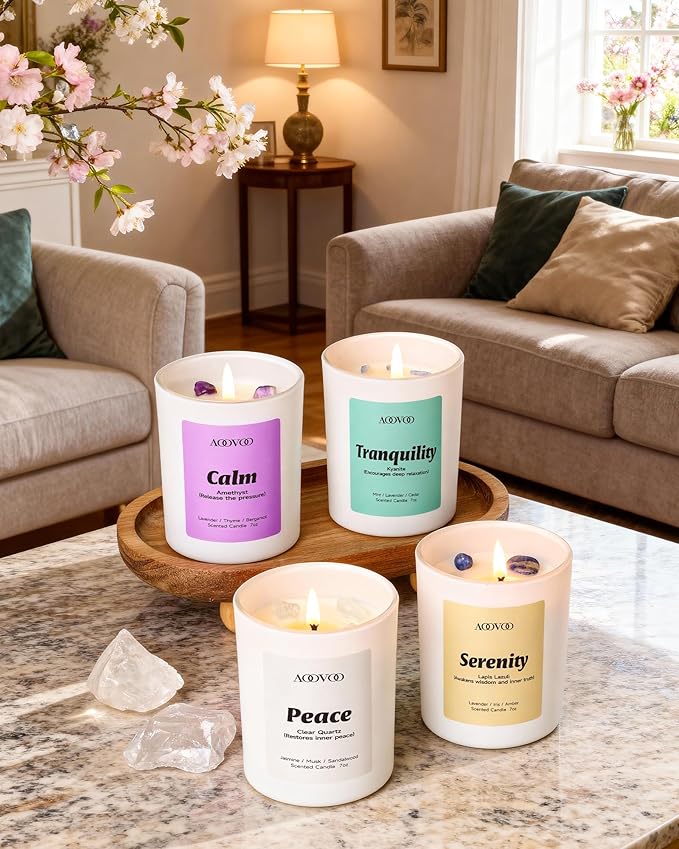 AOOVOO Stress Relief Candles Set for Women - 4 Pack Candles for Home Scented, 28 oz 200 Hour Burn, Aromatherapy Candle with Crystals, Peace/Tranquility Kyanite/Calm Amethyst/Serenity, Lapis Lazuli