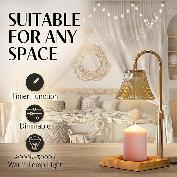 Candle Warmer Lamp with Timer and Dimmer & Includes 2 Bulbs, Electric Wax Candle Lamp Warmer for Jar Candles, Home Decor Aesthetic, and House Warming Gifts - Gold Glass
