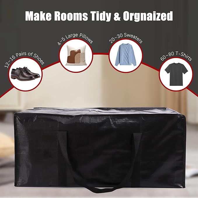 PANDA JOYS Extra Large Moving Bags with Zippers & Carrying Handles, Heavy-Duty Storage Tote for Space Saving Moving Storage, Fold Flat, Alternative to Box and Bin - 8 Pack, Black