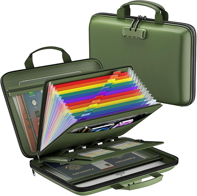 Fireproof File Organizer,Fireproof Document Box with Lock,Large 13 Pocket Expanding File Folder,Hard-Shell Portable Safe Storage for Letter/Legal Document,Laptop,Valuables-Green