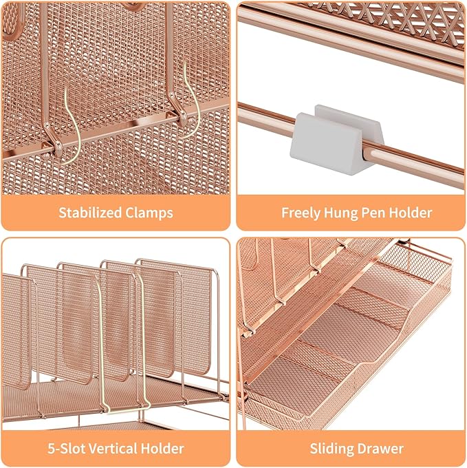 LEKETREE Rose Gold Desk Organizer, Office Organization with Vertical File Holder, File Organizer with Drawer and Office Supplies, Desk Accessories and Workspace Organizers (Rose Gold)