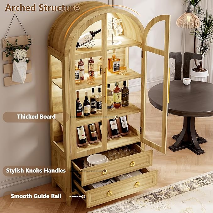 LVSOMT 71" Tall Arched Storage Cabinet with Glass Doors and Drawers, Curio Display Cabinet with Adjustable LED Light & Human Sensor, 4-Tier China Cabinet for Living Room(Wood)