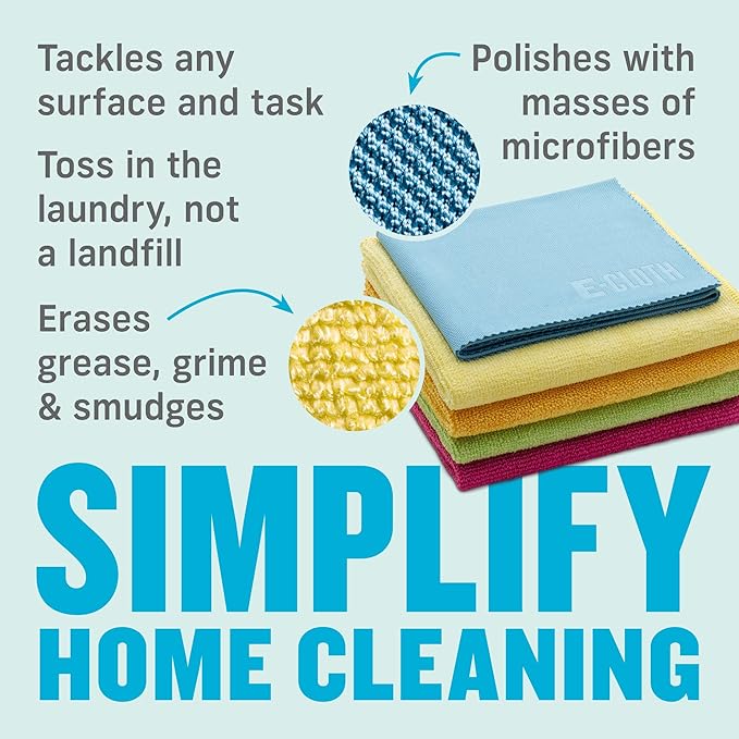 E-Cloth Starter Pack, Premium Microfiber Cleaning Cloths, Great Household Cleaning Tools for Bathroom, Kitchen, and Cars, Washable and Reusable, 300 Wash Guarante, Assorted Colors, 5 Piece Set