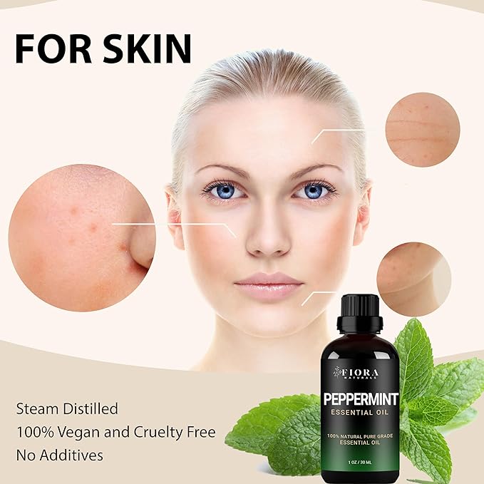 Peppermint Essential Oil by Fiora Naturals - 100% Pure Peppermint Oil for Hair Growth, Skin and Scalp Acne, Diffuser, DIY soap, and Candle Making. Pure Mentha Piperita Oil
