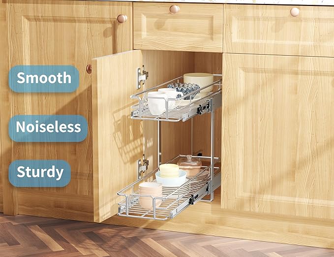 LOVMOR Individual Pull Out Cabinet Organizer, 2 Tier Slide Out Cabinet Drawers, Pots and Pans Organizer and Storage Pantry Shelf for Kitchen (7½" W x 21½" D)