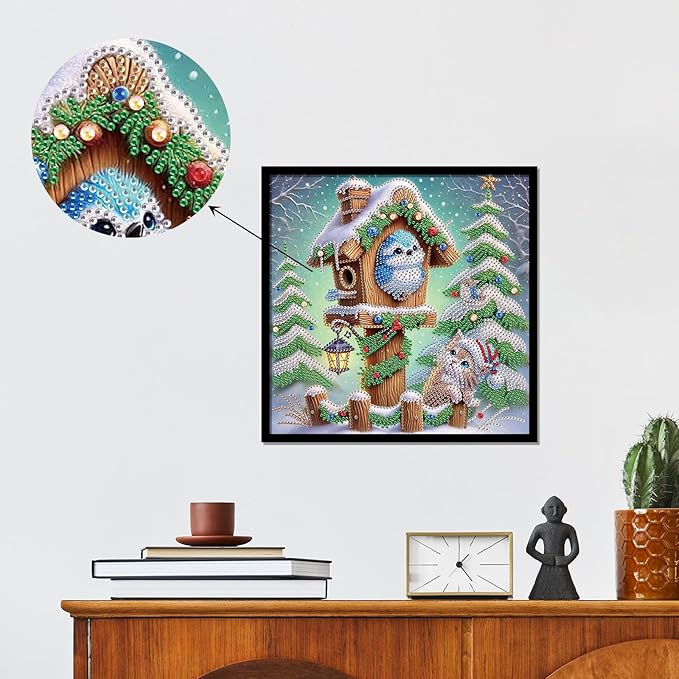 Diamond Painting Bird on Birdhouse with Cat and Christmas Tree, 5D DIY Special Shaped Diamond Art Kits for Adults, Crystal Rhinestones Holiday Winter Canvas, Christmas Home Wall Decor Crafts Gift