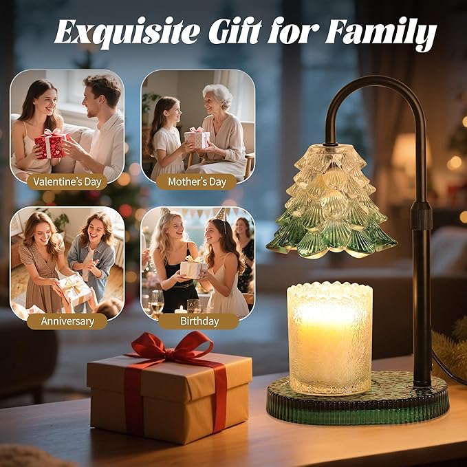 Christmas Tree Shaped Candle Warmer Lamp with Timer & Dimmer – Adjustable Wax Melt Lamp for Jar Candles, Home Decor Accent for Women – 2 Bulbs, Flame-Free & No-Smoke Use (Green)