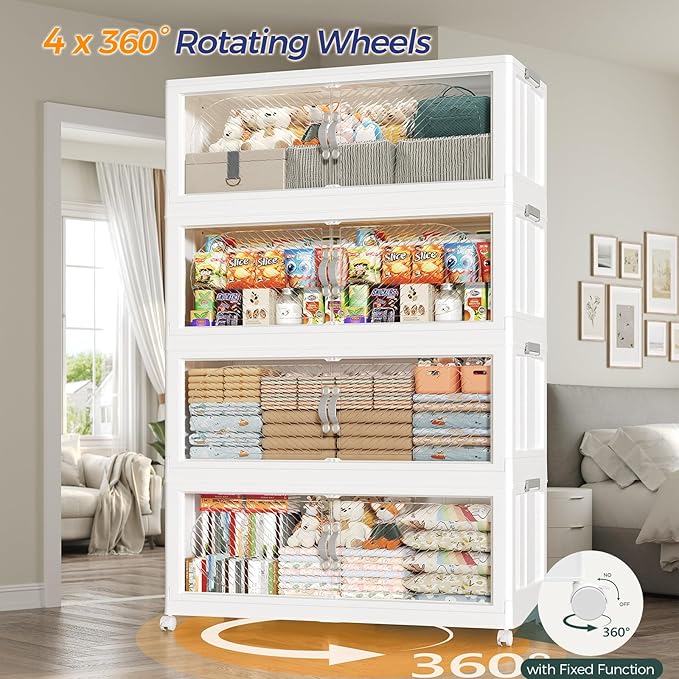 300QT Extra Large Stackable Storage Bins with Lid, 75Gal Plastic Closet Organizers and Storage Drawer, Collapsible Cabinet Box with Wheels Clear Doors for Home Kitchen Office, 5Pack White