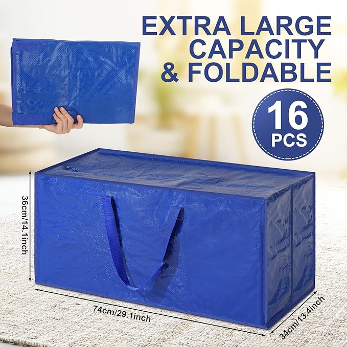 Mixweer 16 Packs Oversized Storage Bag Extra Large Heavy Duty Moving Bags with Reinforced Handles 29 x 14 x 13 Inch Tote Bags Bulk for Moving Boxes Clothes Travel Attics Supplies (Dark Blue)