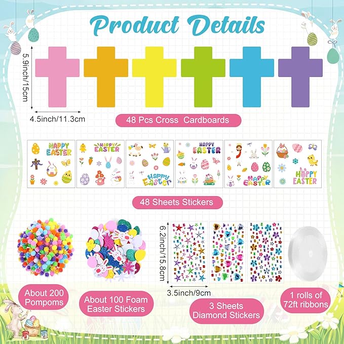 Funrous 48 Sets Easter Religious Crafts Bulk Cross Paper Crafts DIY Easter Eggs Bunny Jesus Christian Hanging Ornaments Arts with Stickers Pompoms for Sunday School VBS Classroom Spring Activities