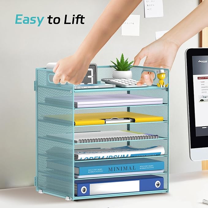 7 Tier Paper Organizer - Mesh Desktop File Holder with Handles for Office School Desk, Black (Blue)