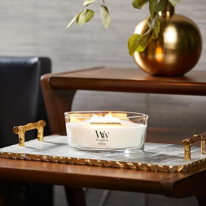 WoodWick White Teak Gifts for Women and Men, 16 oz Ellipse Candle with Crackling Wick