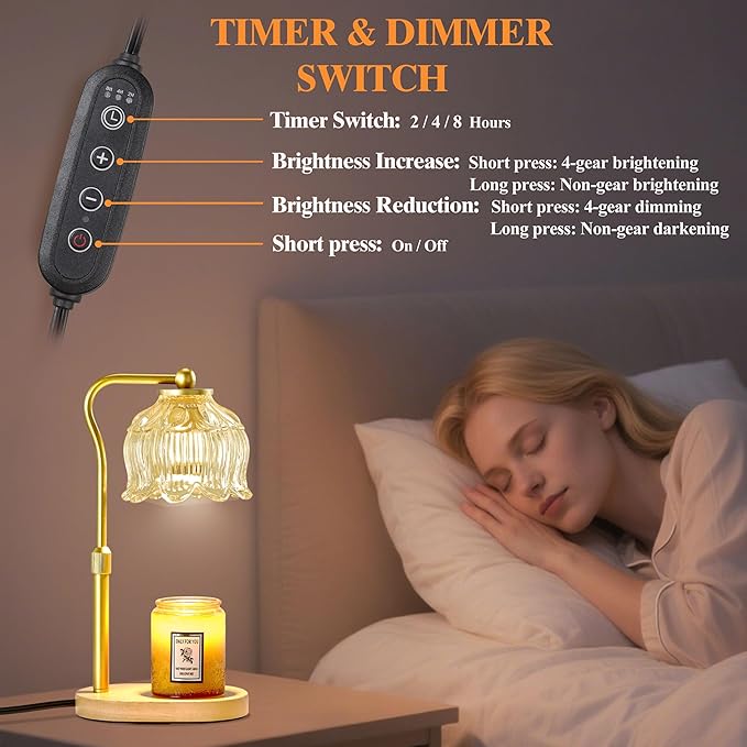 CASTLELIFE Candle Warmer Lamp with Timer & Stepless Dimming, Height Adjustable Electric Wax Warmer for Jar Candles, Flower Wax Melter with Wood Base, Gifts for Women Home Decor, Natural Wood