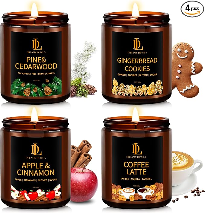 Winter Candle Set, Candles for Home Scented, 4 Pack Soy Candles Gifts for Women Men, Winter Scents of Gingerbread Cookies/Apple & Cinnamon/Coffee Latte/Pine & Cedarwood