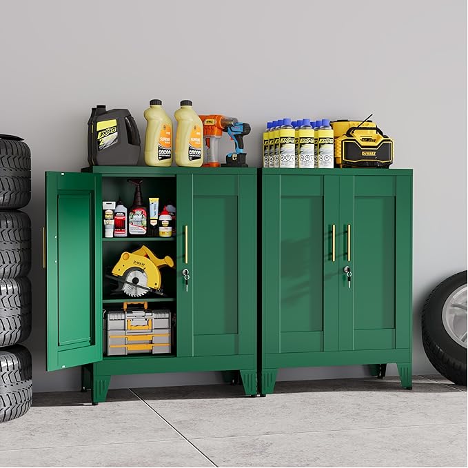 Green Metal Storage Cabinet, 36" Tall Locking Storage Cabinet with 2 Adjustable Shelves, Steel Locker Organizer, for Office, Home, School, 11.81" D x 23.62" W x 35.83" H