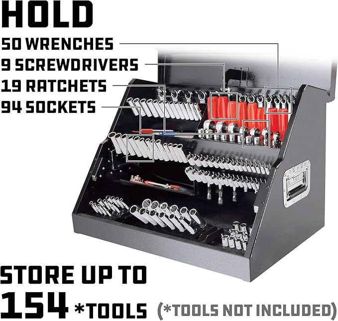 Powerbuilt 26 Inch Portable Slant Front Rapid Toolbox Tiered Stairstep Tool Holders, 16 Gauge Steel, Chrome Hardware, Weather-Resistant Lockable Polymer Lid, Grey, 240111