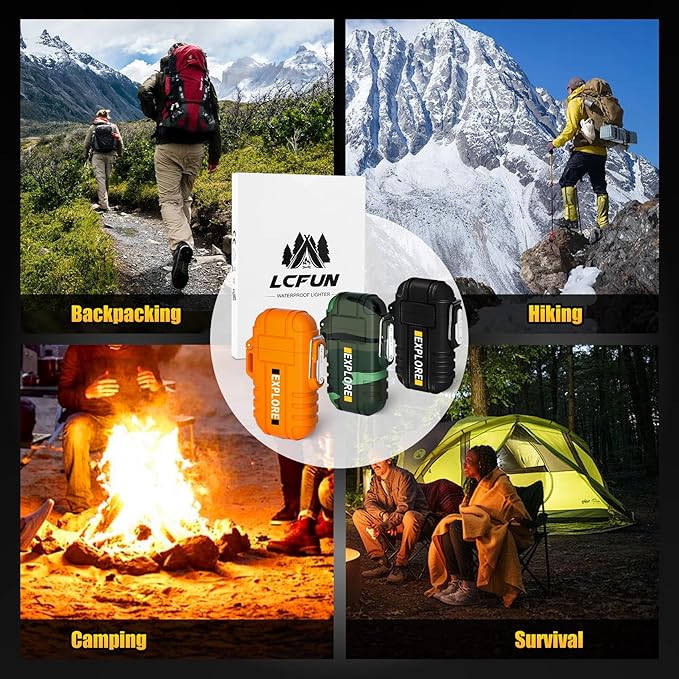 LcFun 3 Pack Waterproof Outdoor Lighter, Windproof Torch Lighters Butane Refillable, Electric Dual Arc Plasma Lighter USB Rechargeable, Camping Hiking Survival Tactical Gear Gadgets for Men