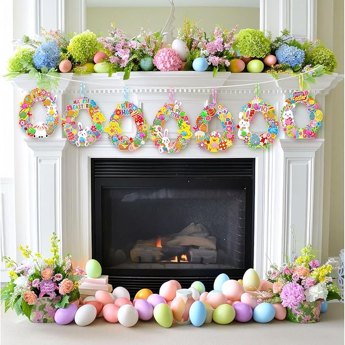 Hollowfly 48 Sets Easter Wreath Craft Kits DIY Easter Egg Wreath Hanging Ornaments Make Your Own Paper Craft with Stickers for Holiday Party Favors Home Activities Front Door Decor